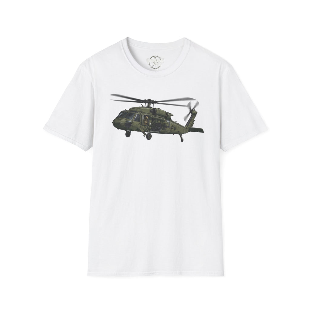 Military Black Hawk helicopter graphic T-shirt, white