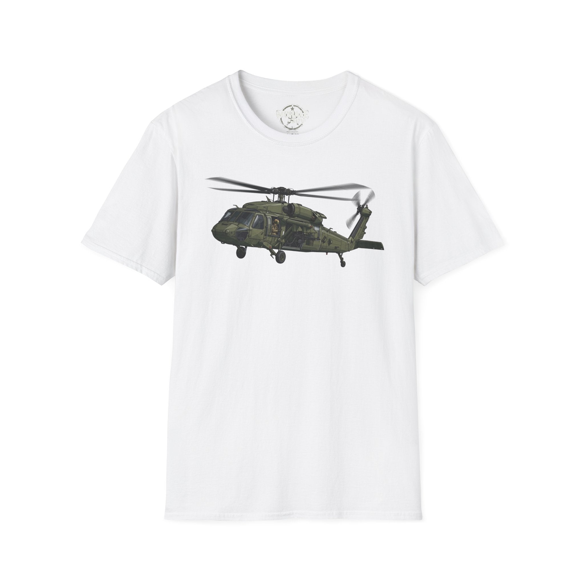 Military Black Hawk helicopter graphic T-shirt, white