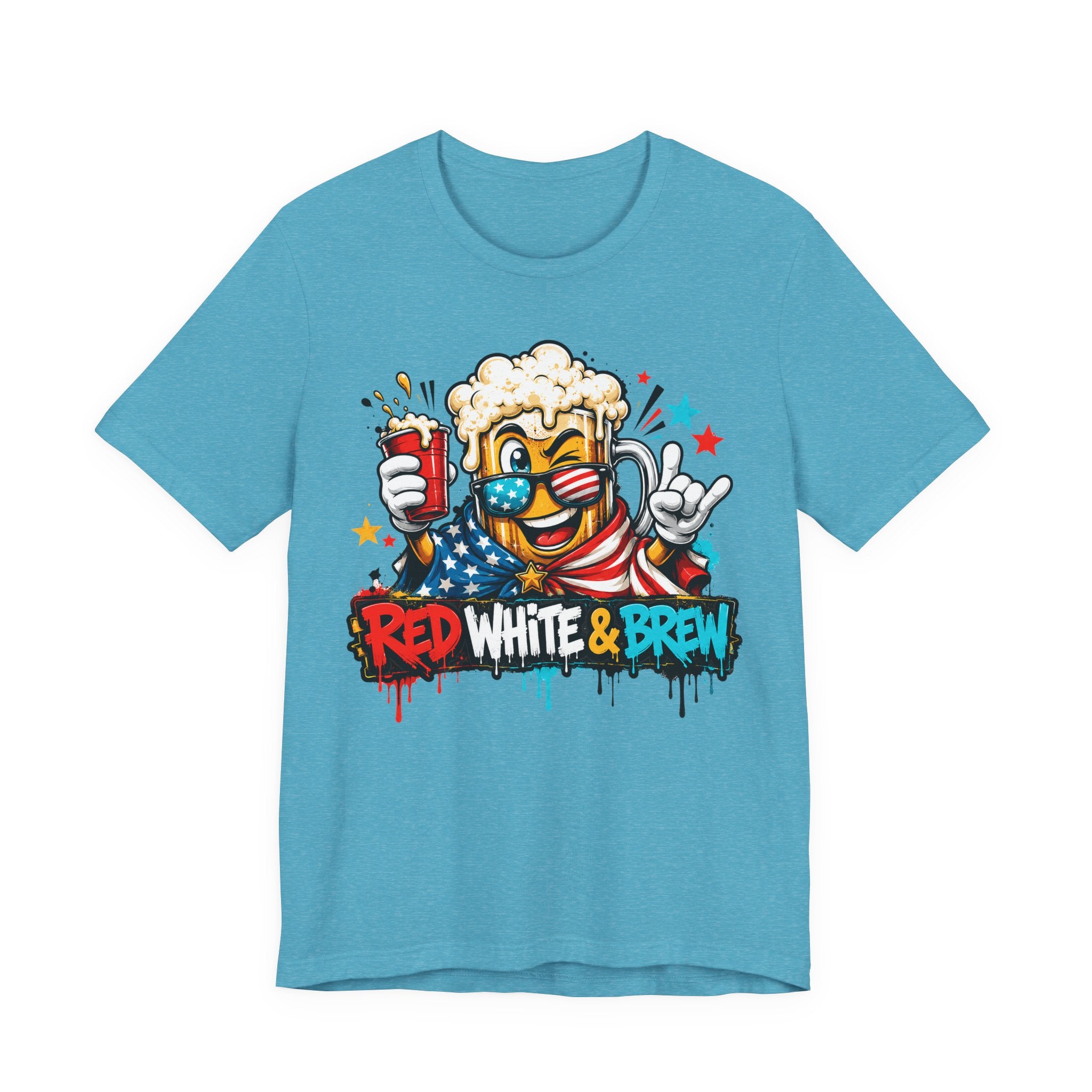 Aqua T-shirt with colorful beer mascot and “Red White & Brew” graphic