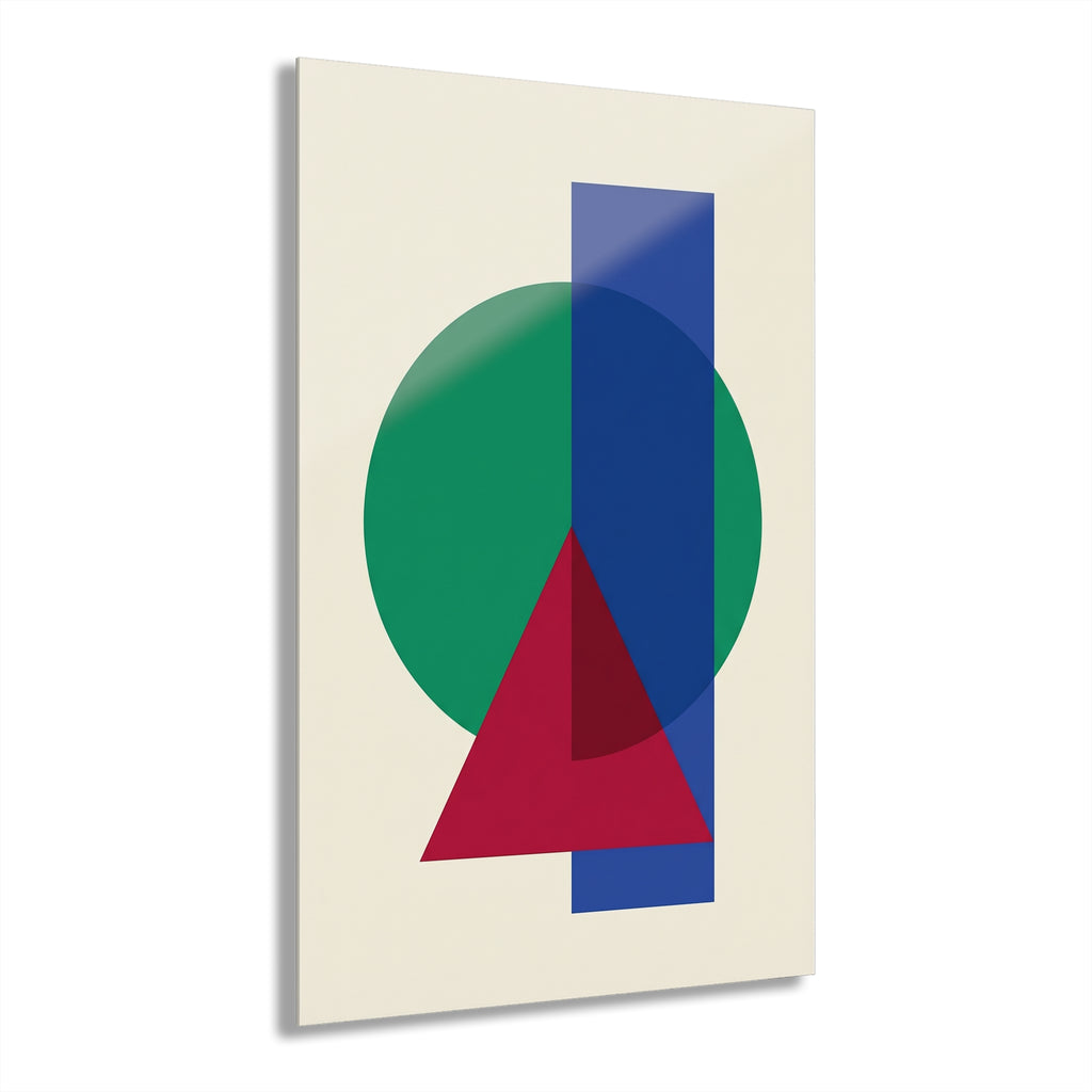Abstract print with a green circle, blue vertical rectangle, and red layered triangle shape.