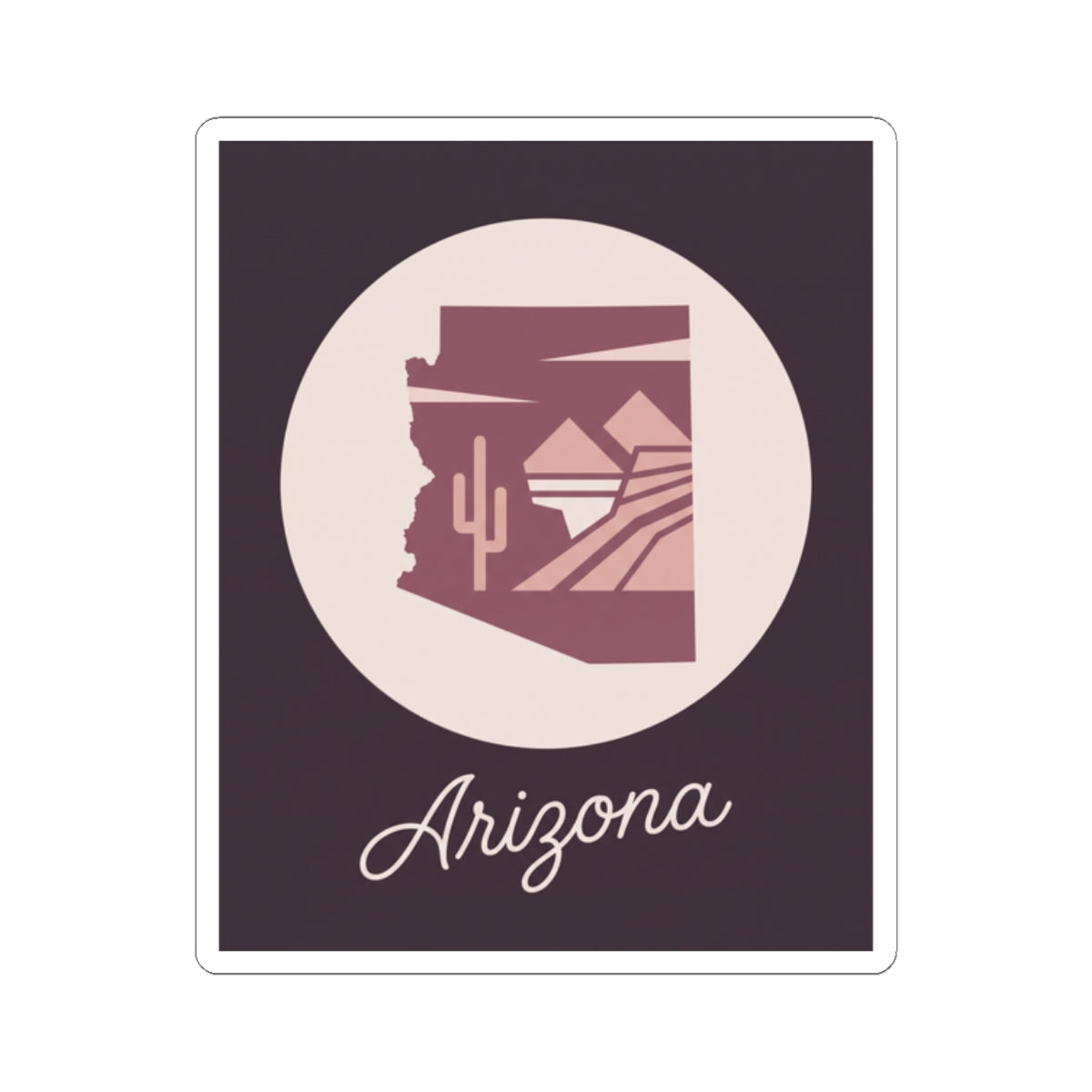 Arizona state silhouette mauve vinyl sticker showing cream circle and cursive 'Arizona' text