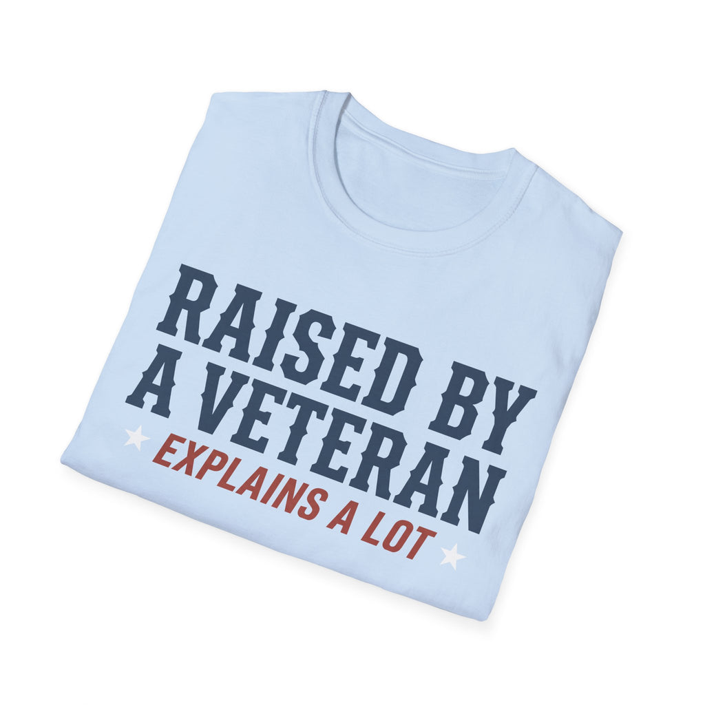Light blue crewneck T-shirt with veteran slogan text graphic on chest