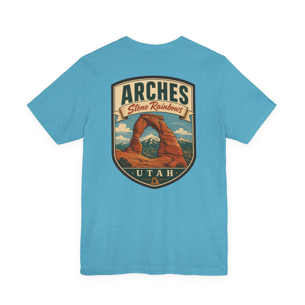 Aqua T-shirt with large Arches Utah graphic showing stone arch and desert landscape