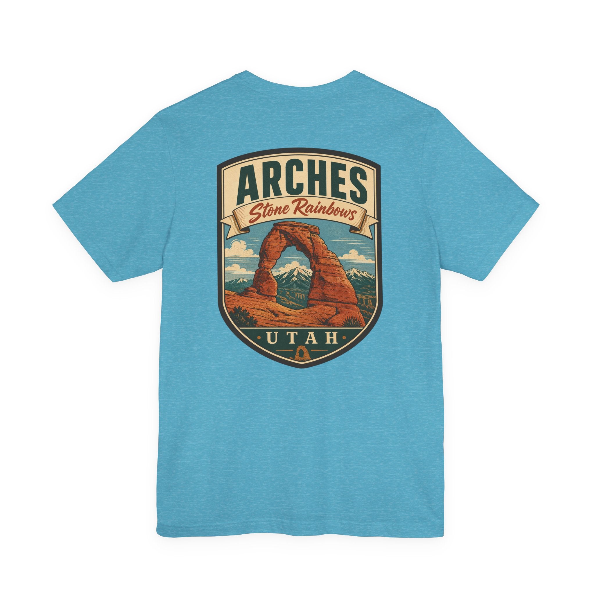 Aqua T-shirt with large Arches Utah graphic showing stone arch and desert landscape