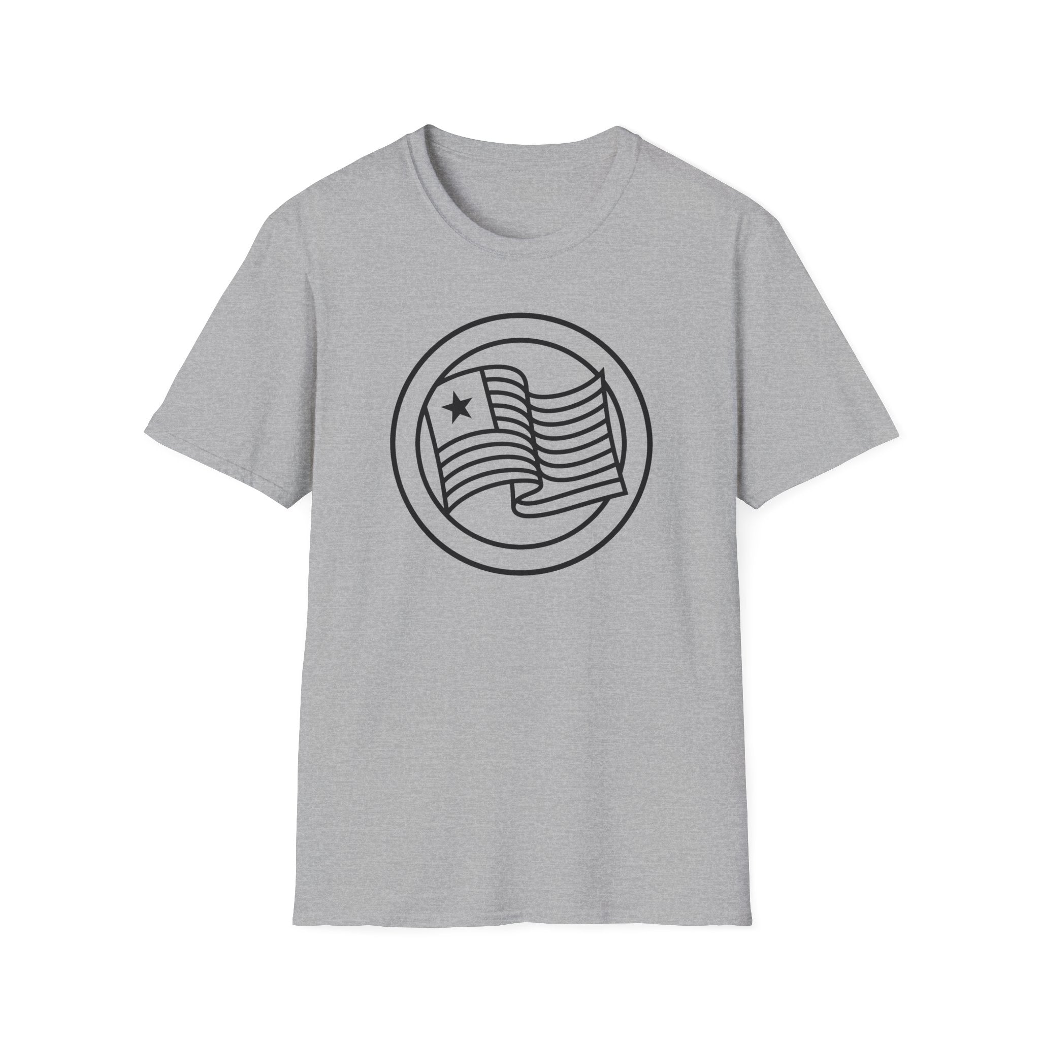 Gray t-shirt with round flag graphic printed on the front