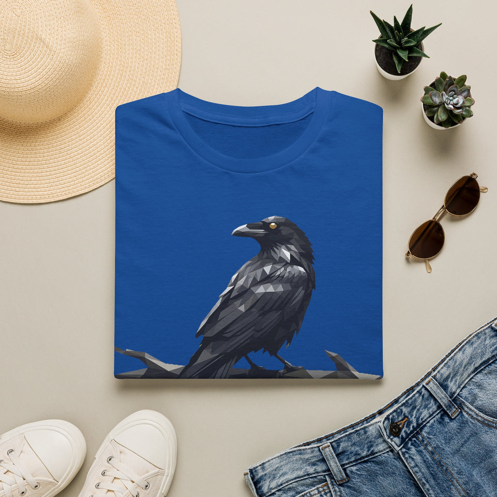 Royal blue raven t-shirt with a sitting crow graphic on the chest