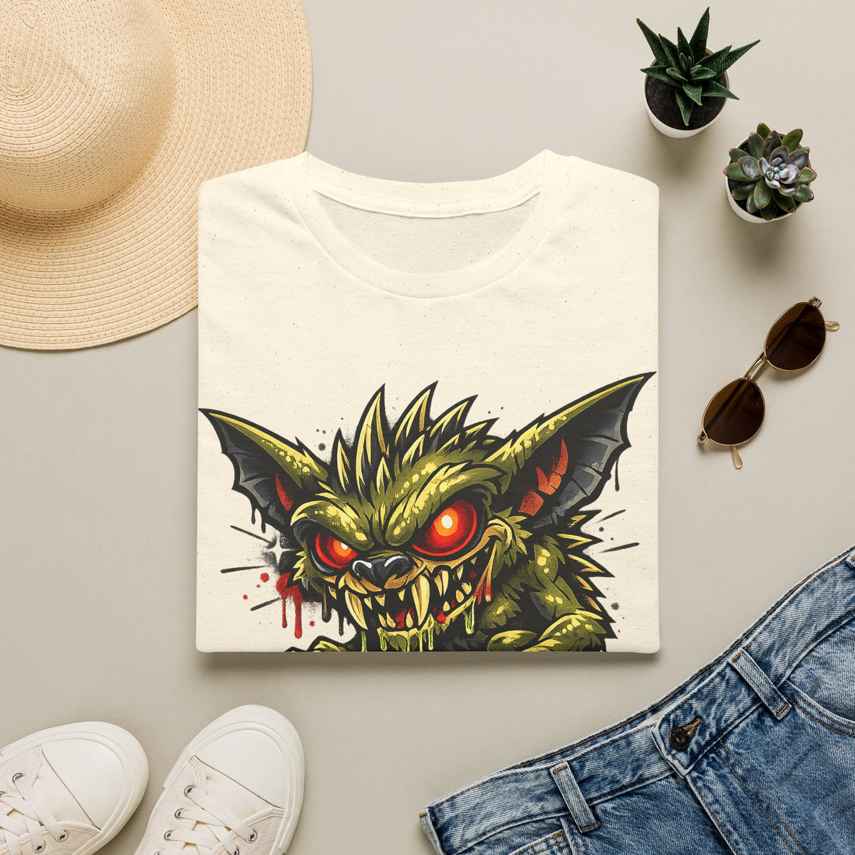 White unisex crewneck T-shirt featuring snarling skull graphic with red glowing eyes