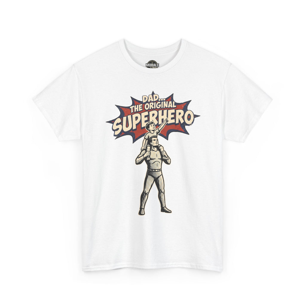 White crewneck T-shirt with retro comic superhero dad graphic on the chest