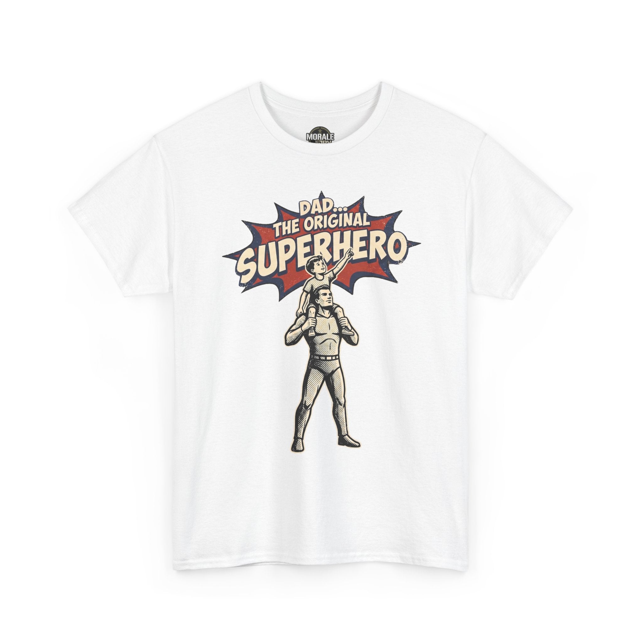 White crewneck T-shirt with retro comic superhero dad graphic on the chest