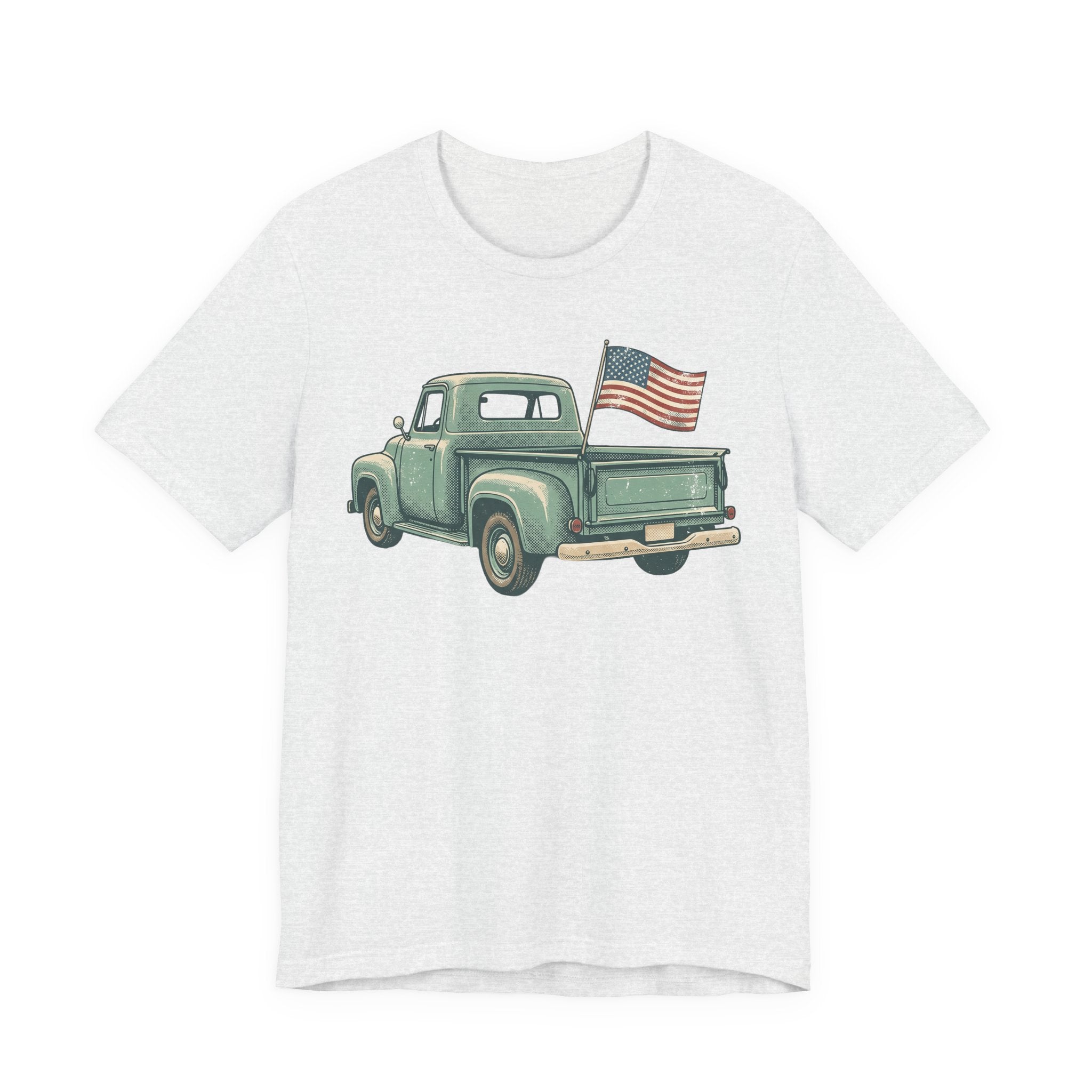 Heather gray T-shirt with green pickup truck and American flag graphic