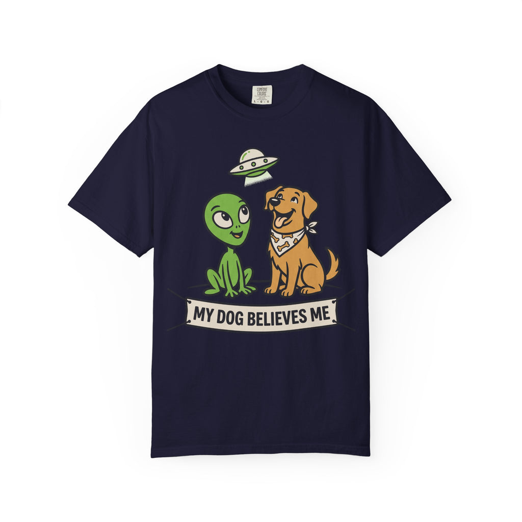 Navy t-shirt with cartoon alien, dog, and "My Dog Believes Me" graphic
