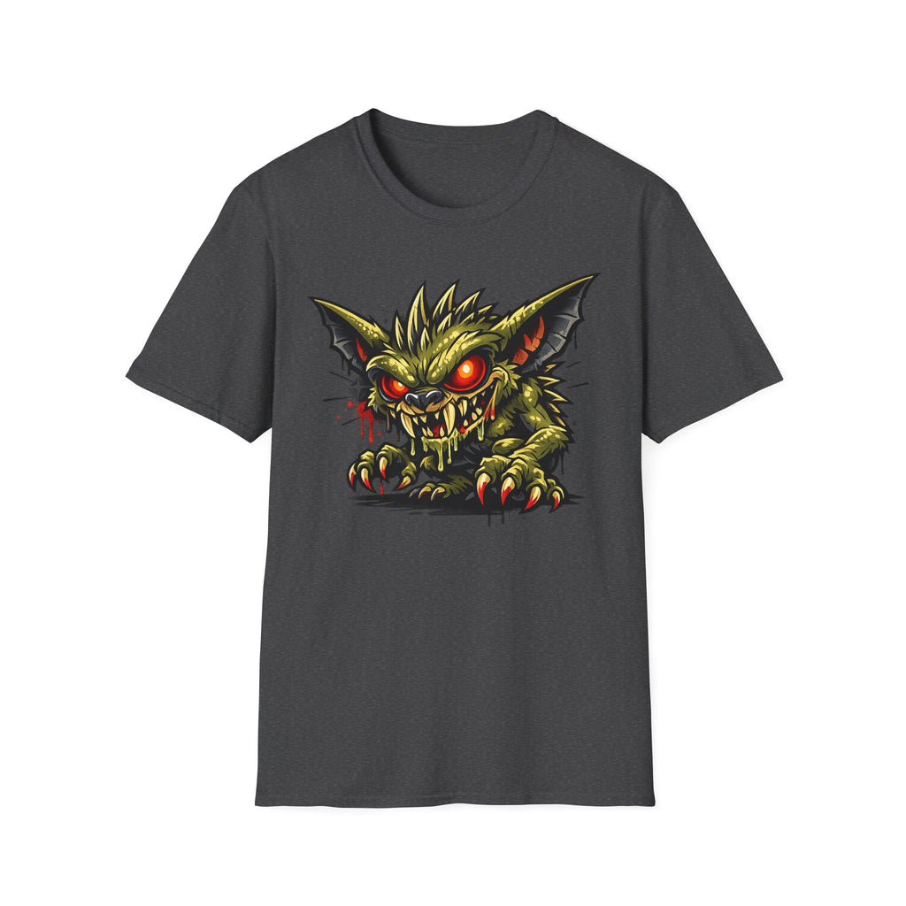 Dark gray horror graphic T-shirt with green gremlin skull and red glowing eyes front print