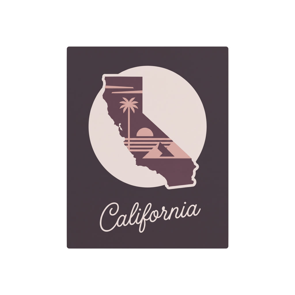Mauve California metal wall art featuring a circular palm tree state silhouette and "California".