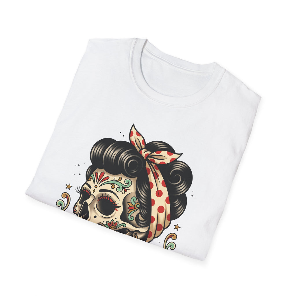 White T-shirt with pin-up sugar skull face, bow, and curly hair illustration on front