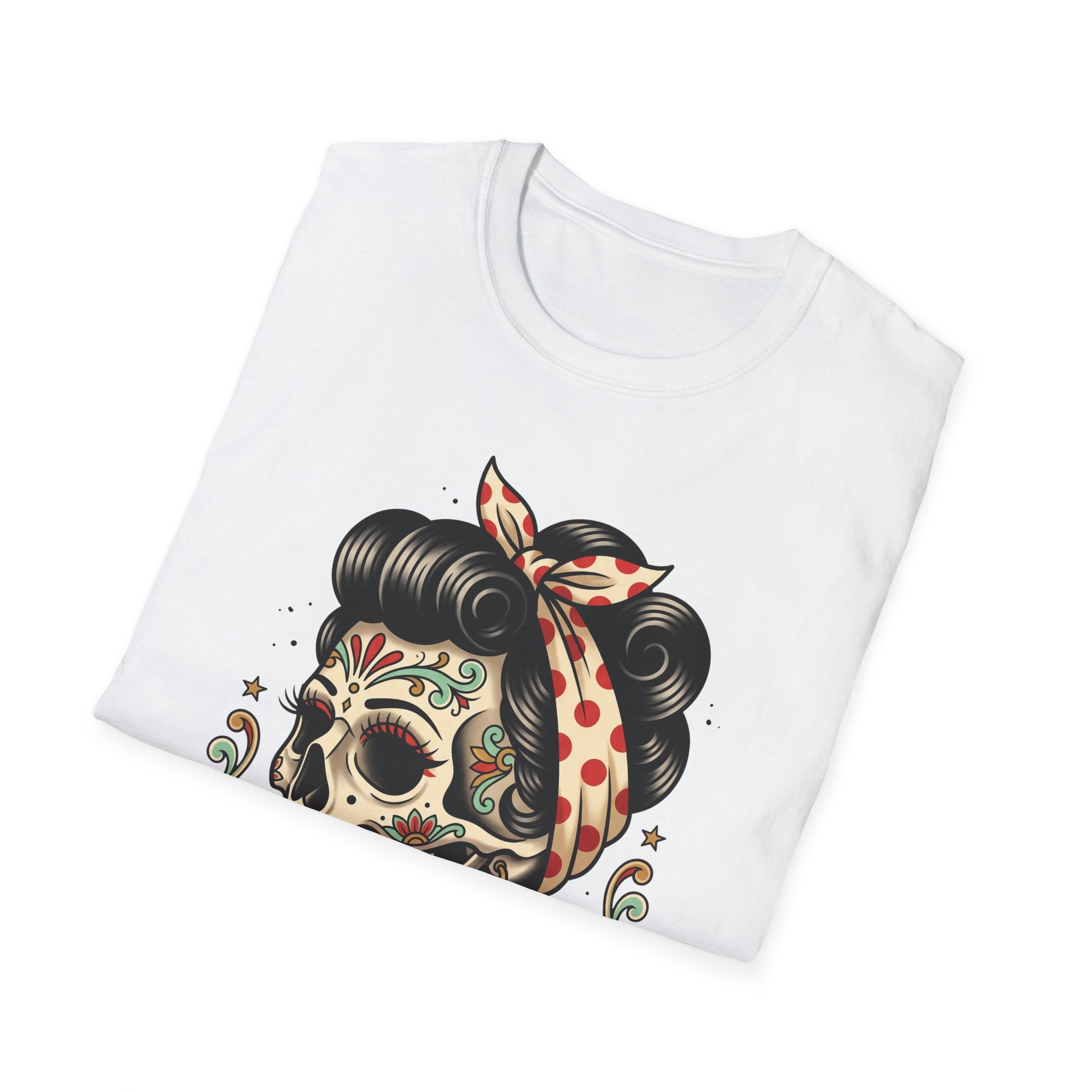 White T-shirt with pin-up sugar skull face, bow, and curly hair illustration on front