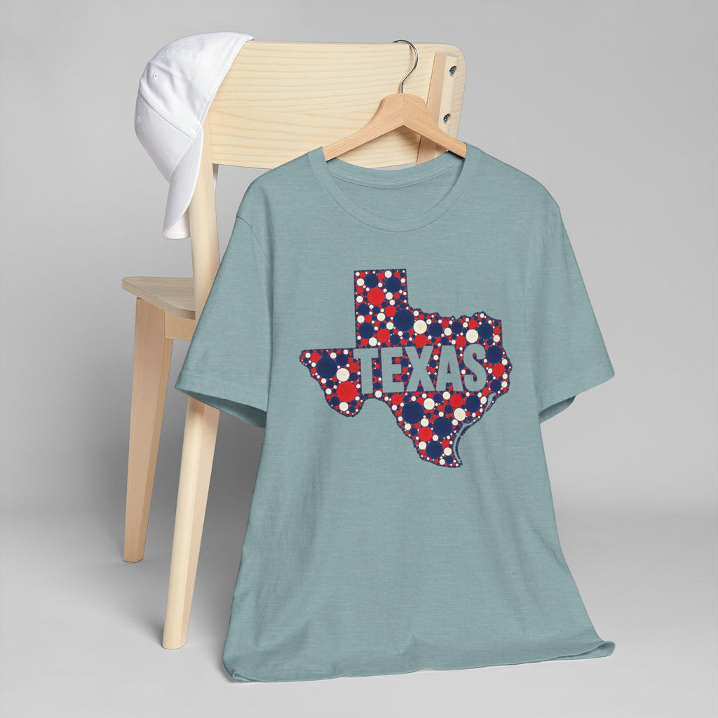 Teal crew-neck t-shirt with red, white, and blue polka-dot Texas graphic