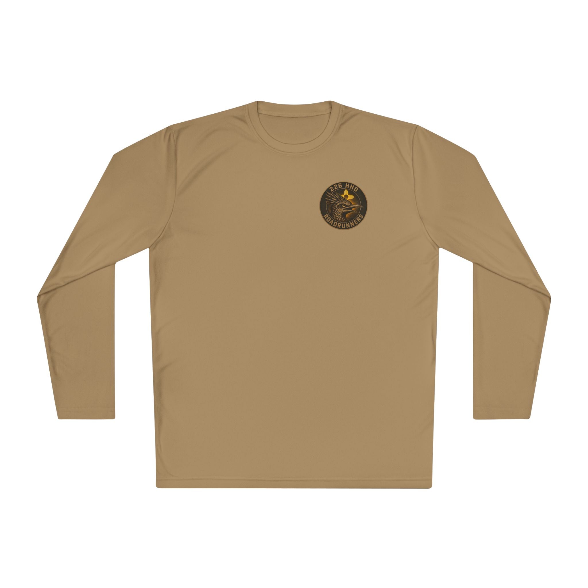 Coyote brown long-sleeve polyester tee with small chest logo