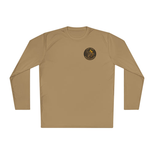 Coyote brown long-sleeve polyester tee with small chest logo