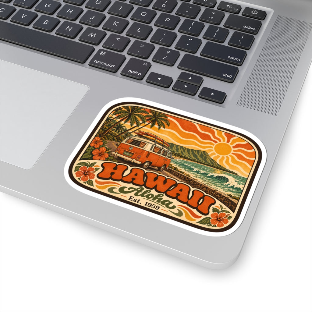 Rectangular kiss-cut sticker showing Hawaii Aloha, orange camper van, palm trees, sun and ocean waves