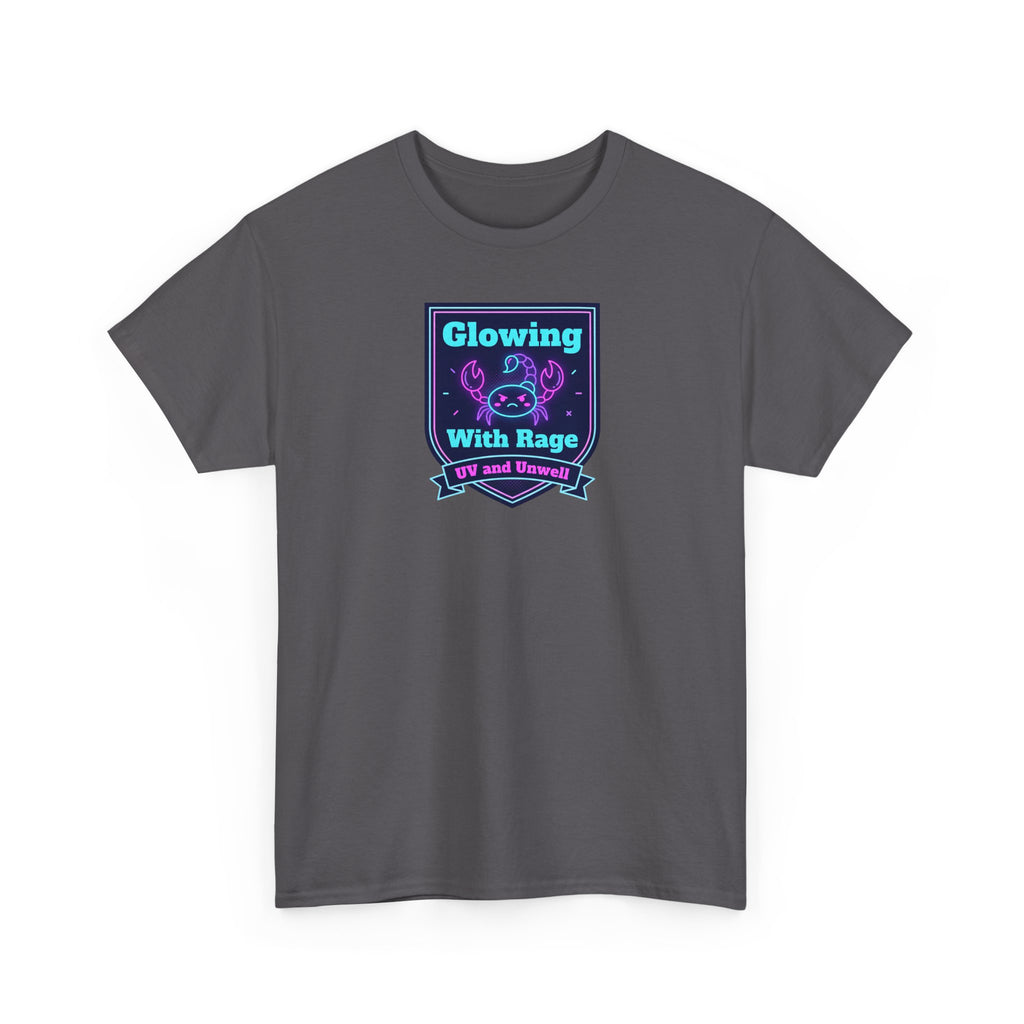 Charcoal crew-neck short-sleeve t-shirt with neon square chest graphic.