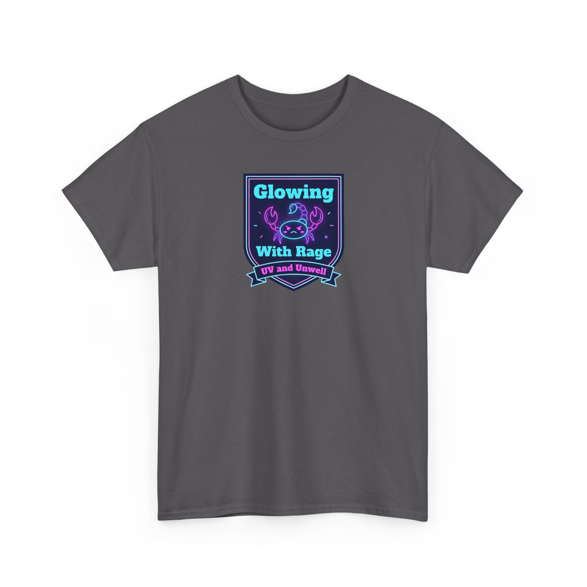 Charcoal crew-neck short-sleeve t-shirt with neon square chest graphic.