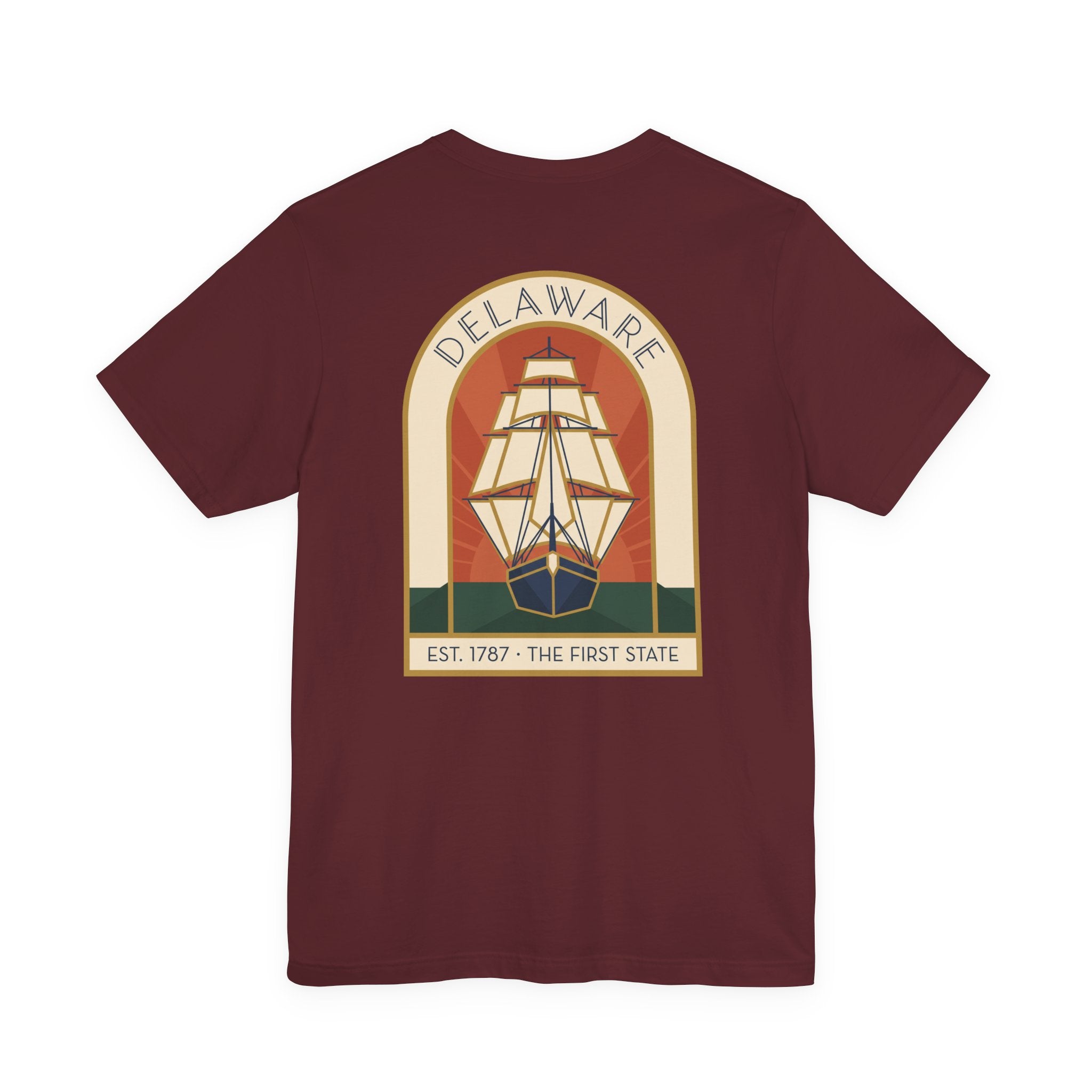 Burgundy Delaware tall ship T-shirt with circular vintage graphic and EST 1787