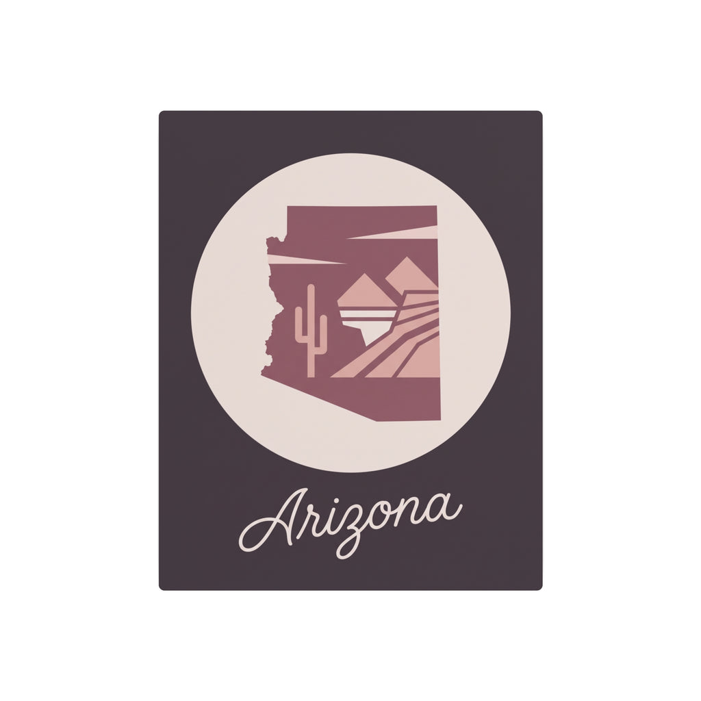 Mauve metal wall art square with circular desert emblem and 'Arizona' script