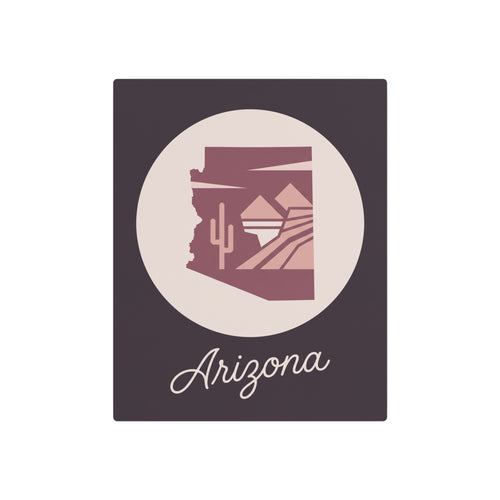 Mauve metal wall art square with circular desert emblem and 'Arizona' script