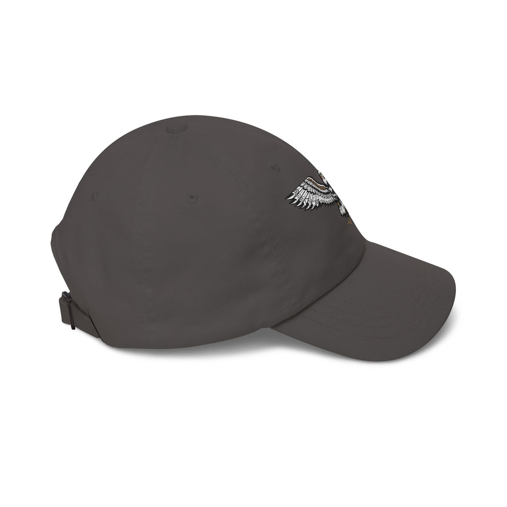 Dark gray dad cap with small embroidered eagle patch on side