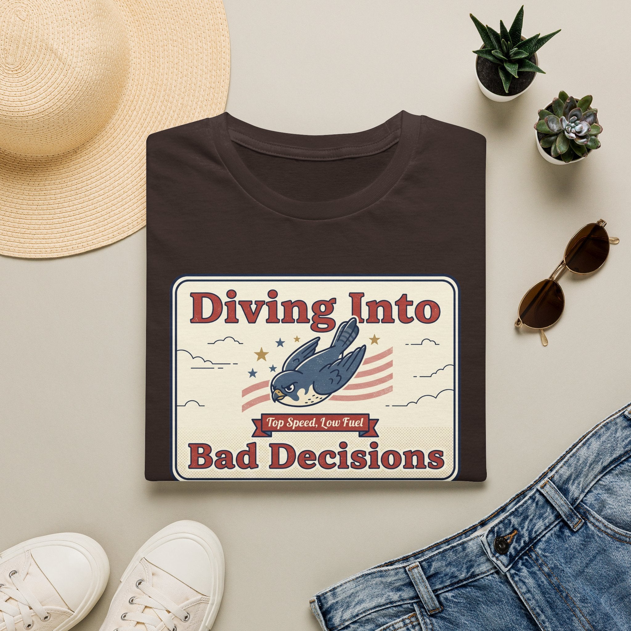 Dark brown T-shirt with retro shark graphic and "Diving Into Bad Decisions" text.