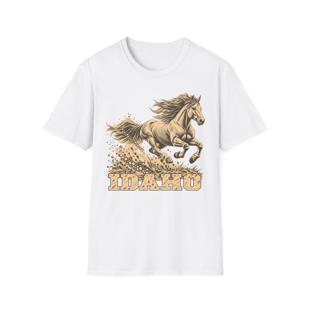 White T-shirt with golden running horse graphic and Idaho text