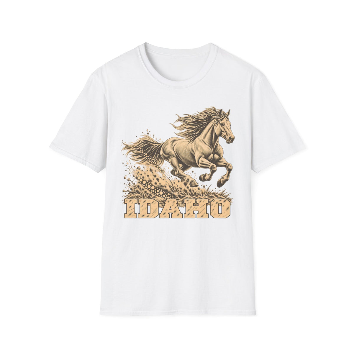 White T-shirt with golden running horse graphic and Idaho text