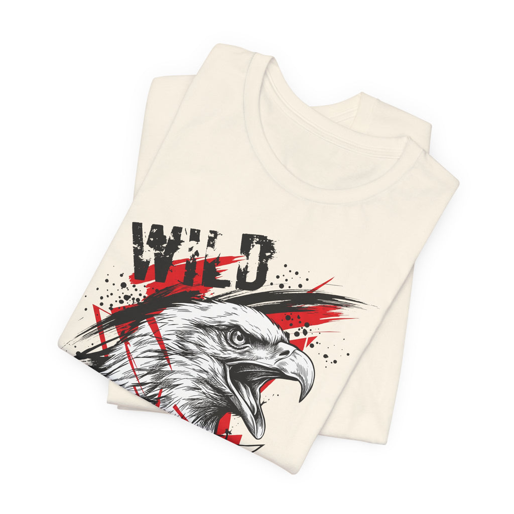 Cream T-shirt with front eagle head graphic and patriotic red splatter accents.