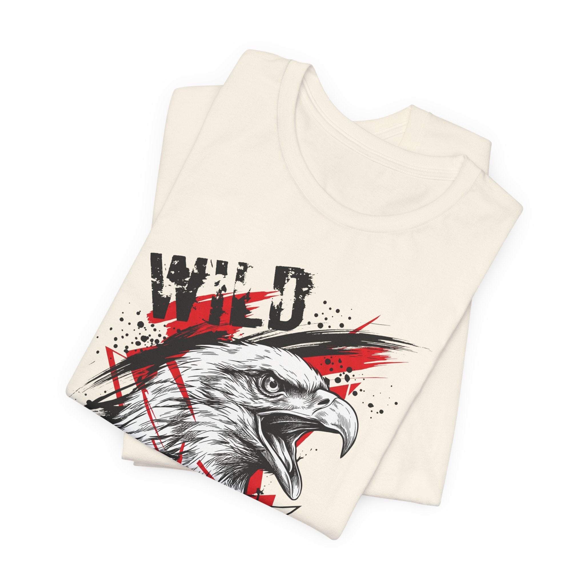 Cream T-shirt with front eagle head graphic and patriotic red splatter accents.