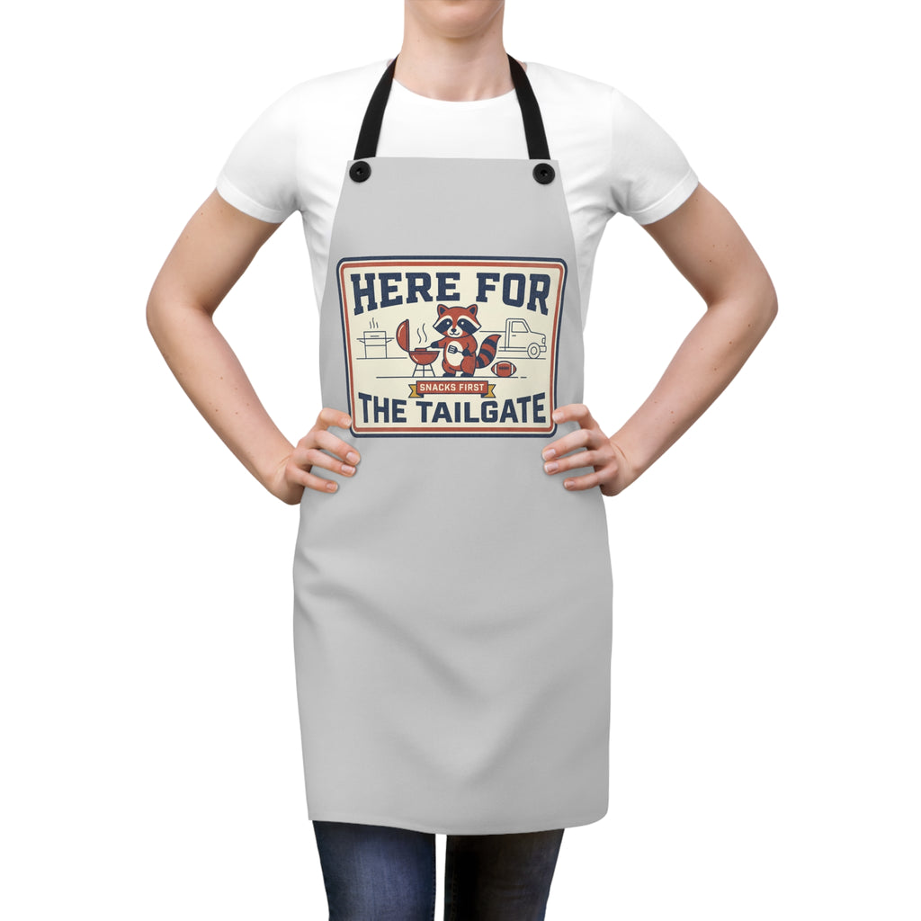 Tailgate BBQ apron worn over white T-shirt, light gray with black neck straps