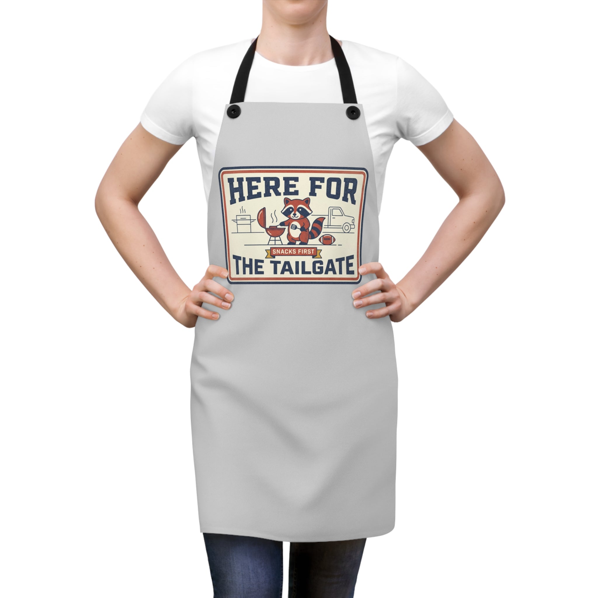 Tailgate BBQ apron worn over white T-shirt, light gray with black neck straps