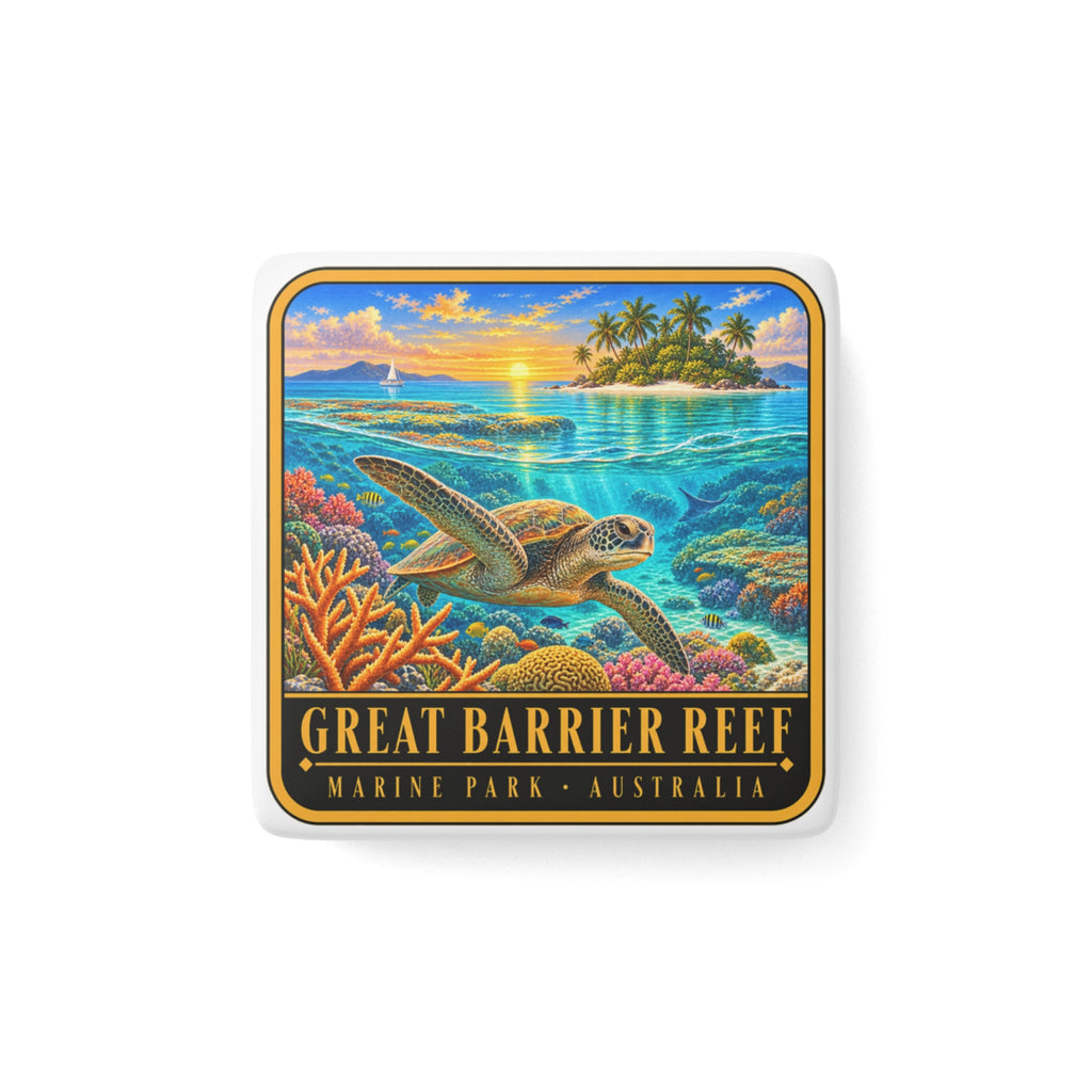 Square porcelain fridge magnet with sea turtle and coral reef scene, Great Barrier Reef label