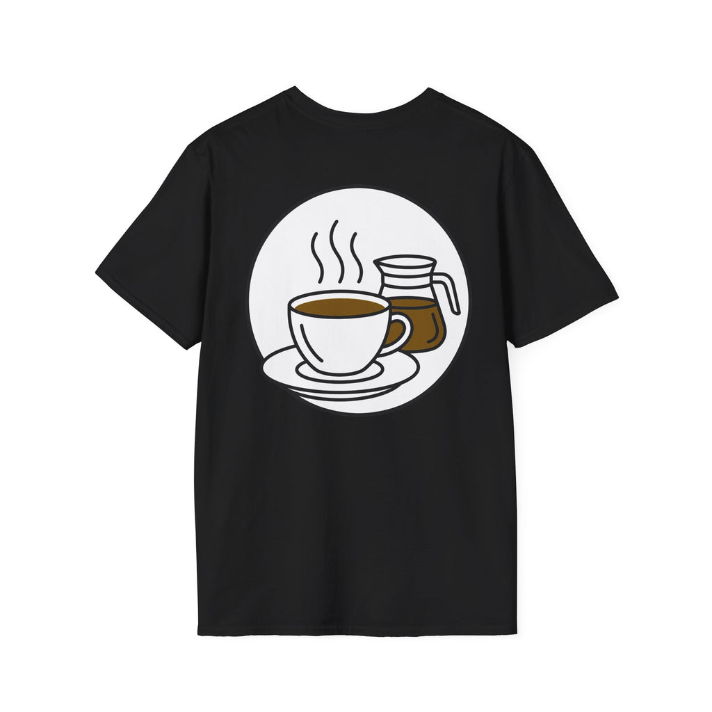 Black coffee graphic T-shirt with steaming cup and jar illustration