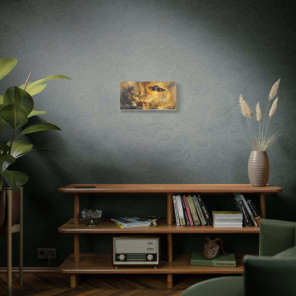 Rectangular canvas wall art featuring a UFO above a stormy galleon, warm amber hues