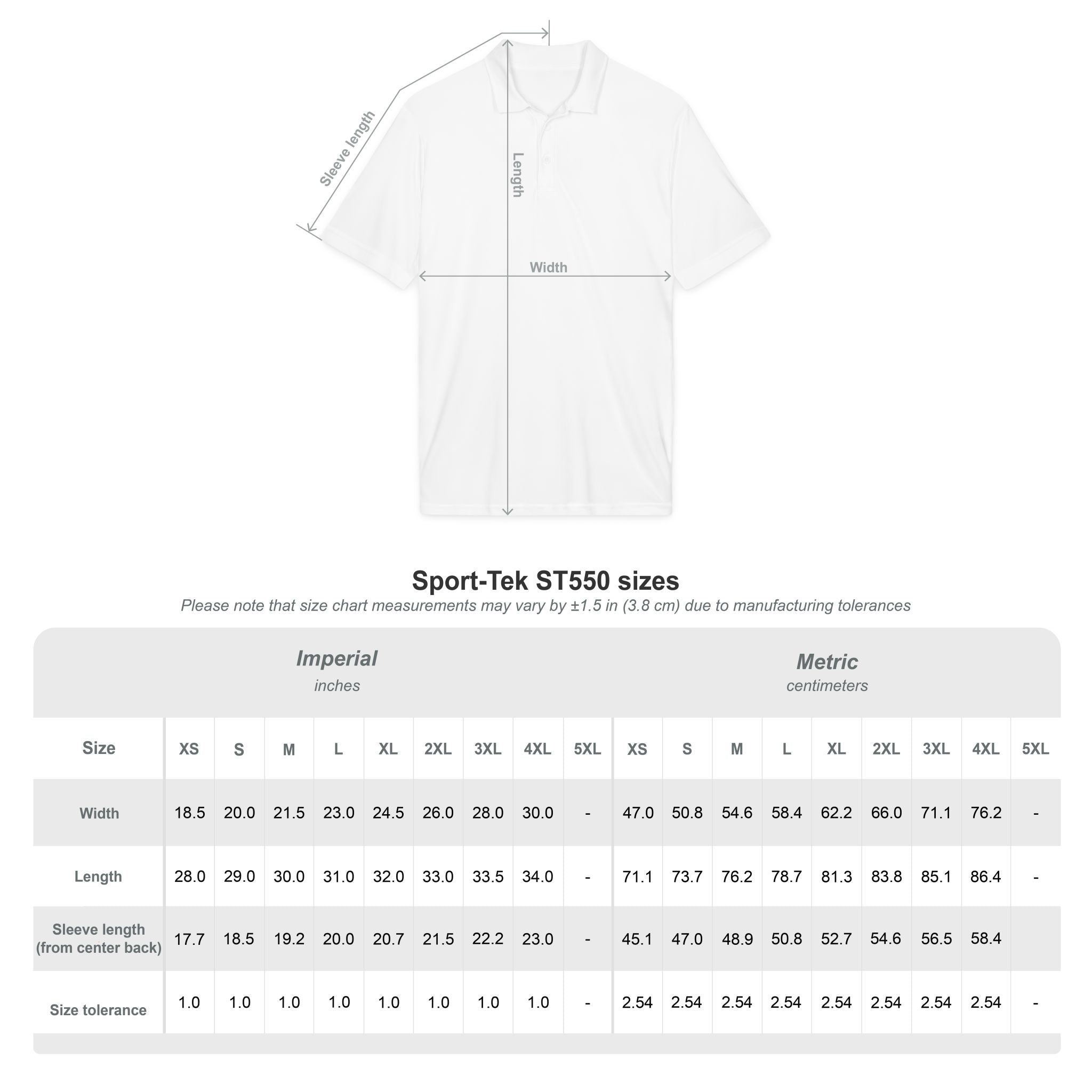 Polo shirt size chart for Sunset Surf, front/back outline, white