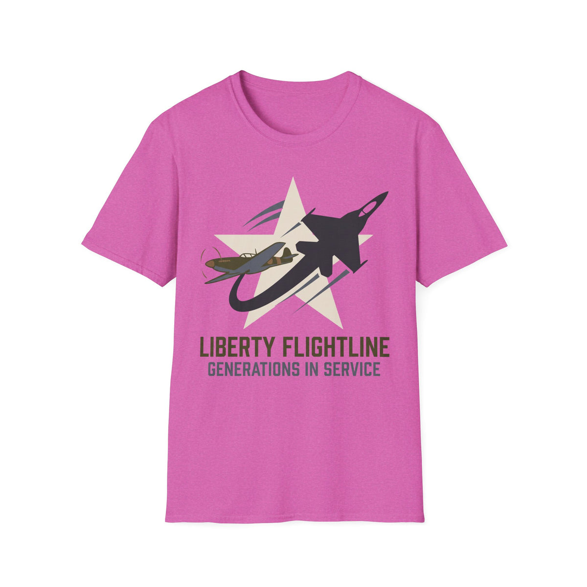 Purple military aviation graphic T-shirt with jet and star logo on front