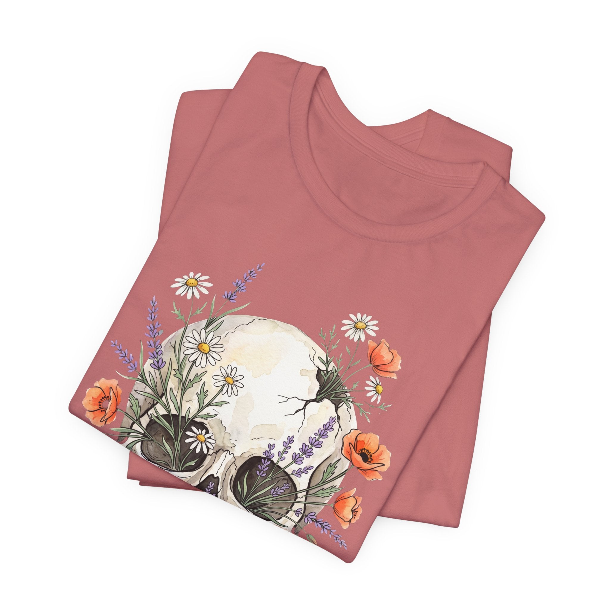 Maroon floral skull T-shirt, poppies and wildflowers graphic near the hem