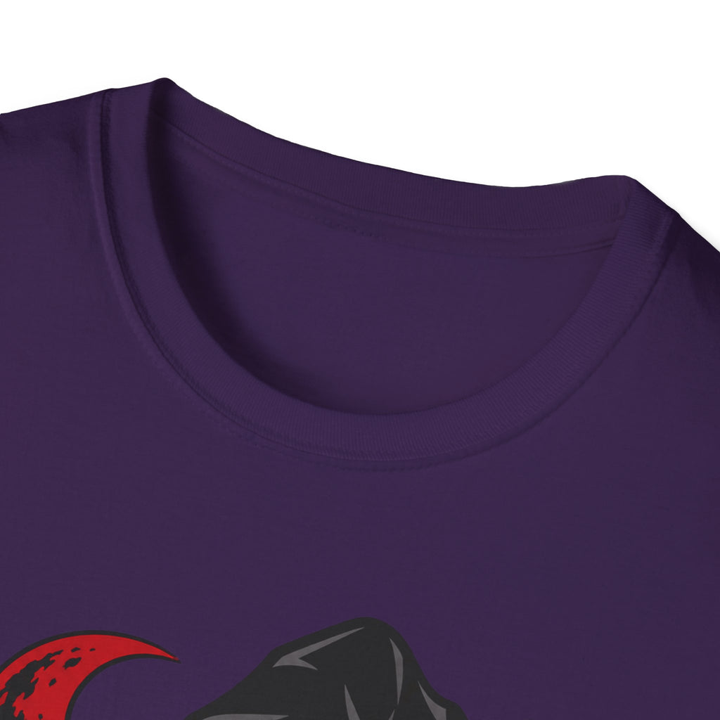 Purple t-shirt close-up with crew neck and partial witch face graphic at bottom