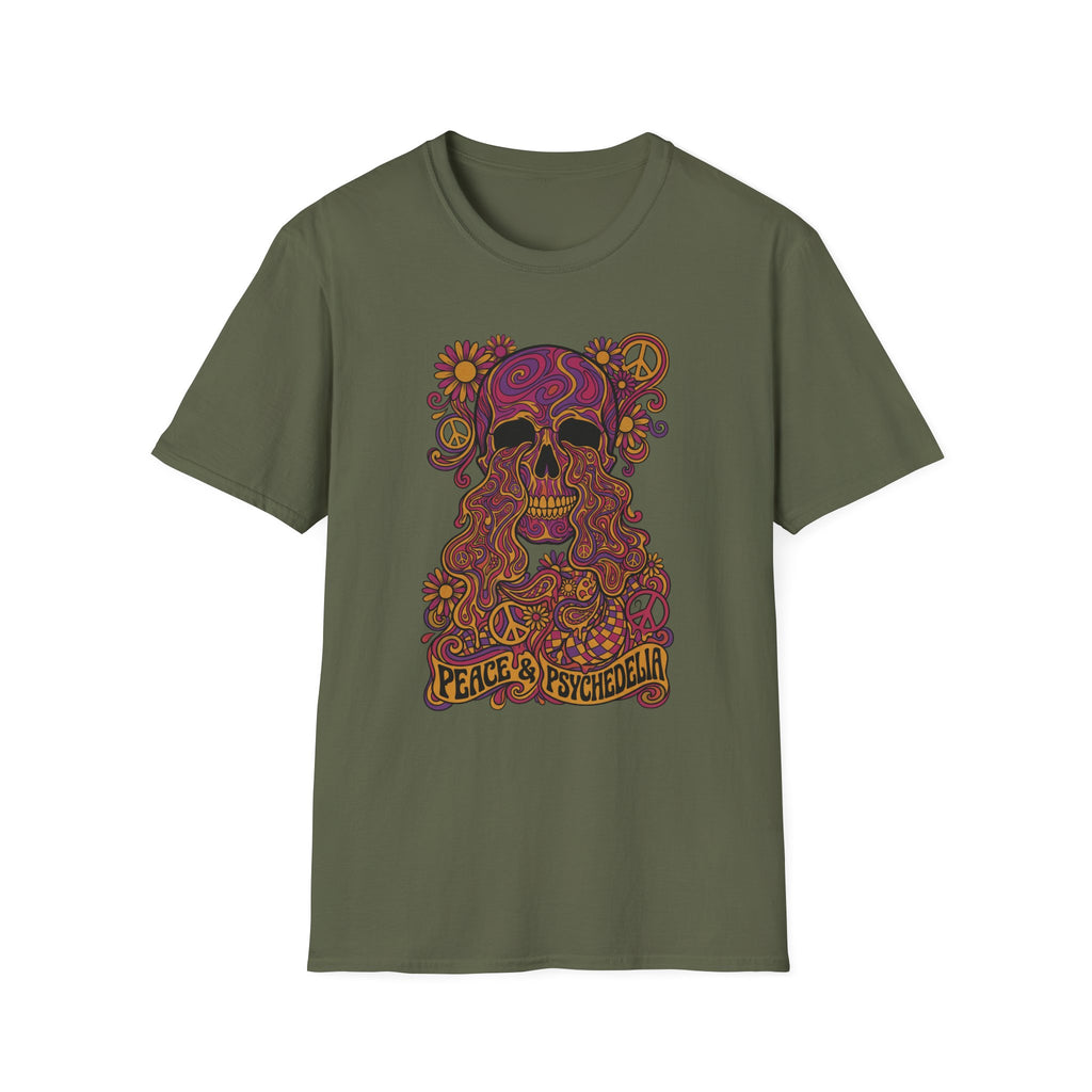 Skull T-shirt in dark green with colorful floral psychedelic skull graphic and peace slogan