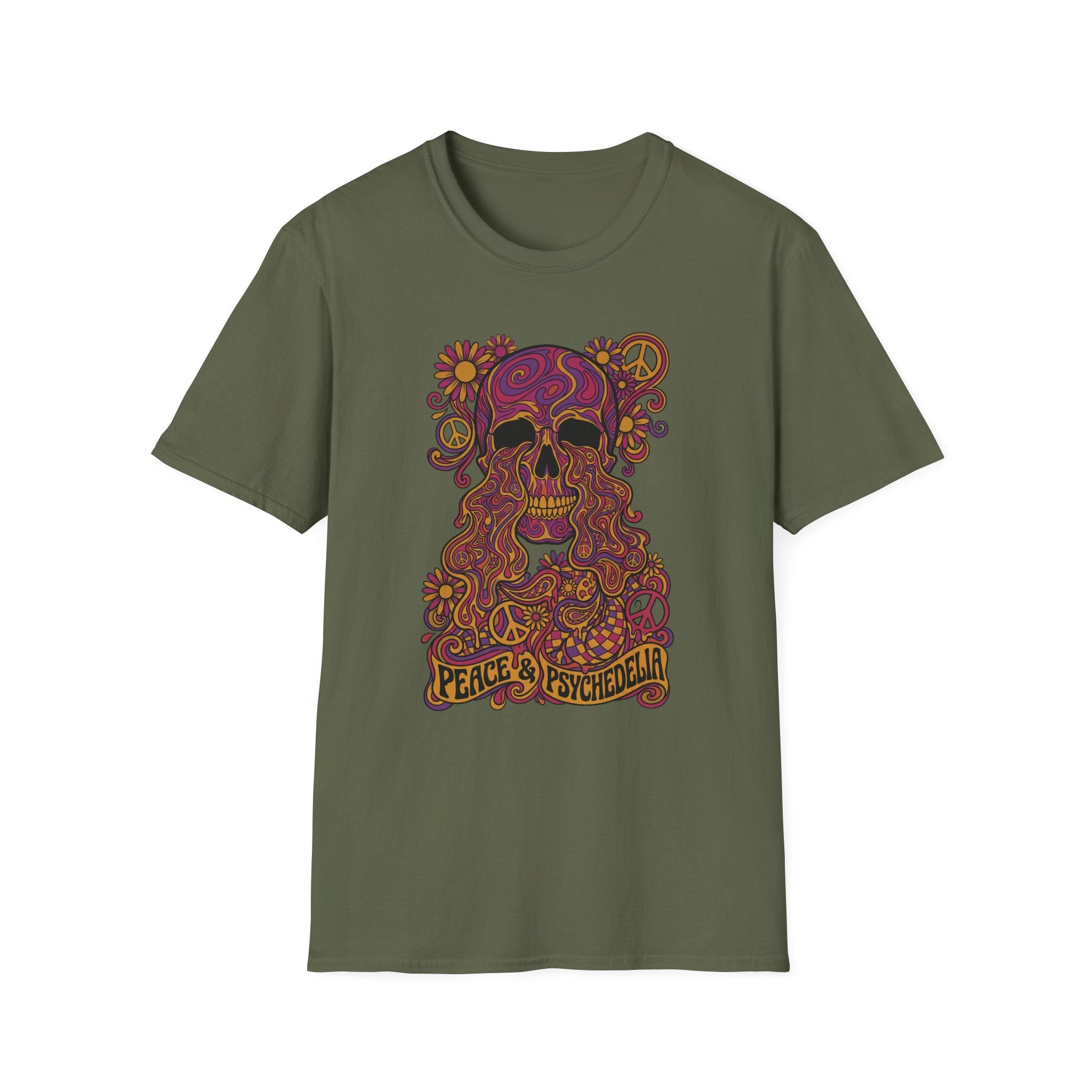 Skull T-shirt in dark green with colorful floral psychedelic skull graphic and peace slogan