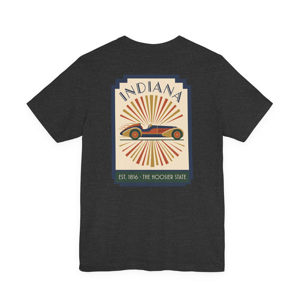 Dark charcoal T-shirt with centered vintage Indiana racecar graphic in a square frame.