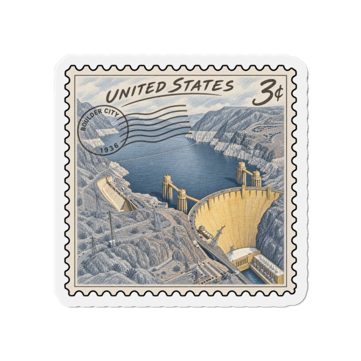 Die-cut magnet showing vintage U.S. postage stamp with Hoover Dam, blue water and yellow structure