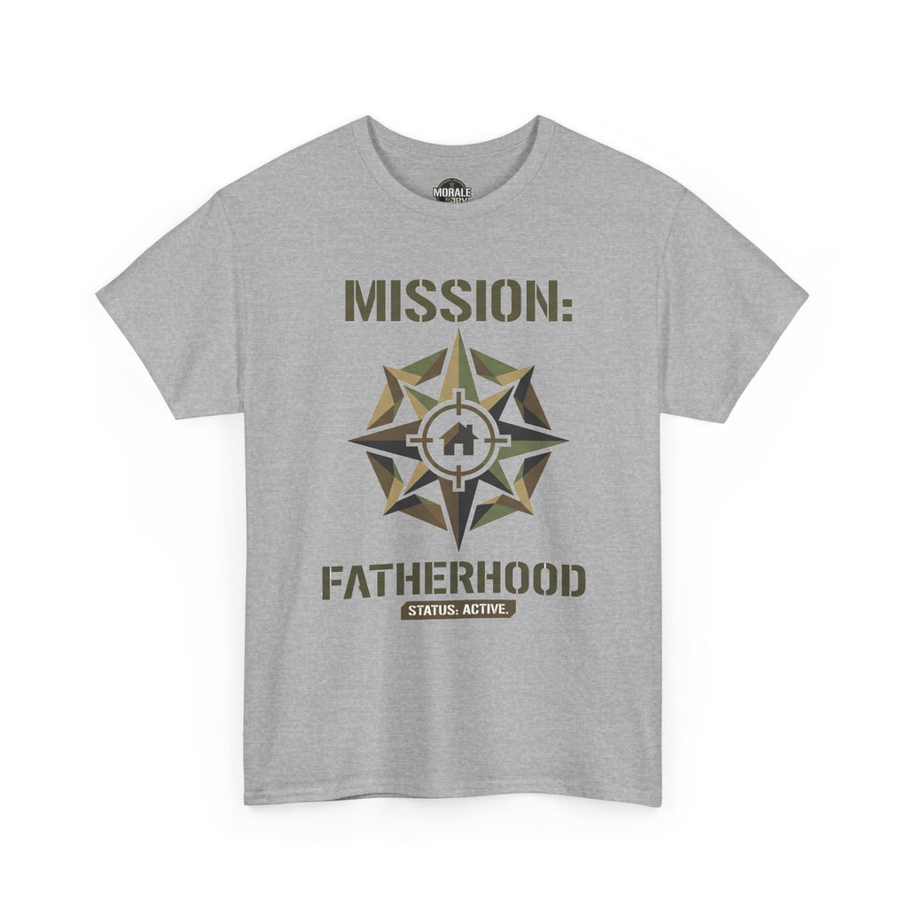 Sport grey crewneck t-shirt with compass-style star graphic and mission text on front.