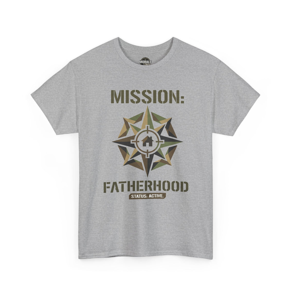 Sport grey crewneck t-shirt with compass-style star graphic and mission text on front.