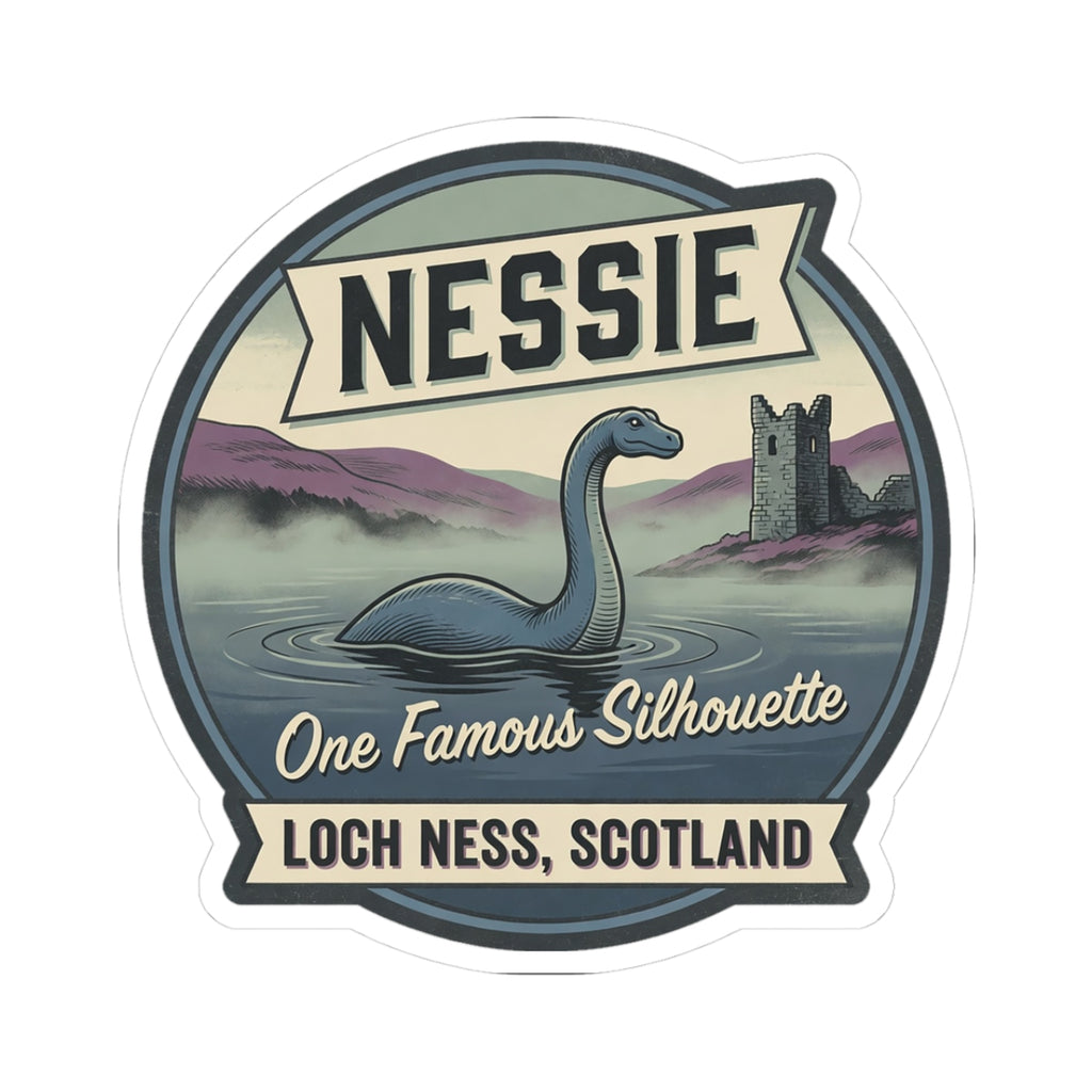 Nessie sticker badge with Nessie silhouette, Loch Ness Scotland text and border